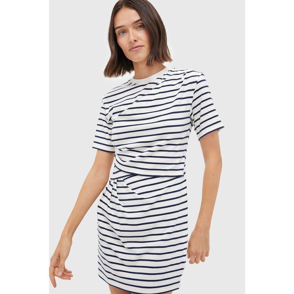 SIMKHAI Midnight Stripe Zeus Short Sleeve Draped T-Shirt Dress Size L NWT